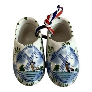 Pair Dutch Mini Ceramic Clogs Souvenir Holland Windmill Design Vintage